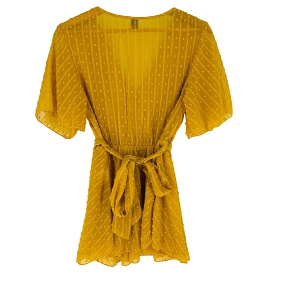 SHEIN Mustard Yellow Surplice Neck Flutter Sleeve Tie Waist Dot Textured Top M/6 - Picture 2 of 9